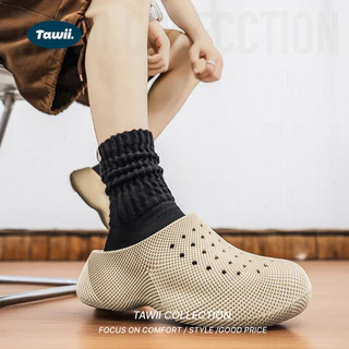Tawii. รองเท้าแตะผู้ชาย EVA รูระบายอากาศ รองเท้าแตะ Baotouครึ่ง ด้านล่างหนาลื่น รองเท้าแตะพิมพ์ 3D