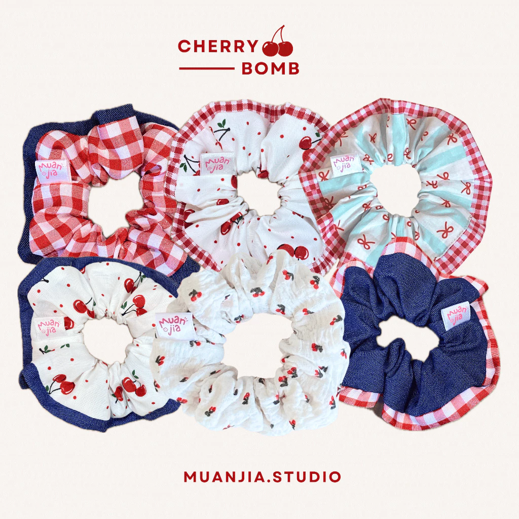 cherry bomb scrunchies | ยางมัดผม ยางรัดผม ลายเชอร์รี่ ยีนส์ |muanjia.studio