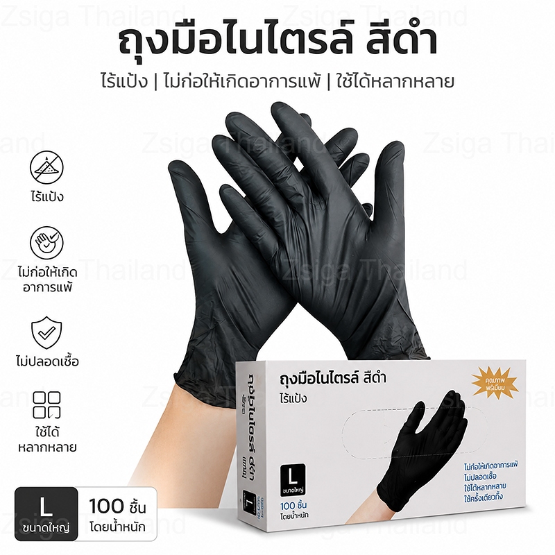 ถุงมือยางไนไตรสีดำหนา 5 มิล BLACK WARRIOR กล่อง 100 ชิ้น/50 คู่