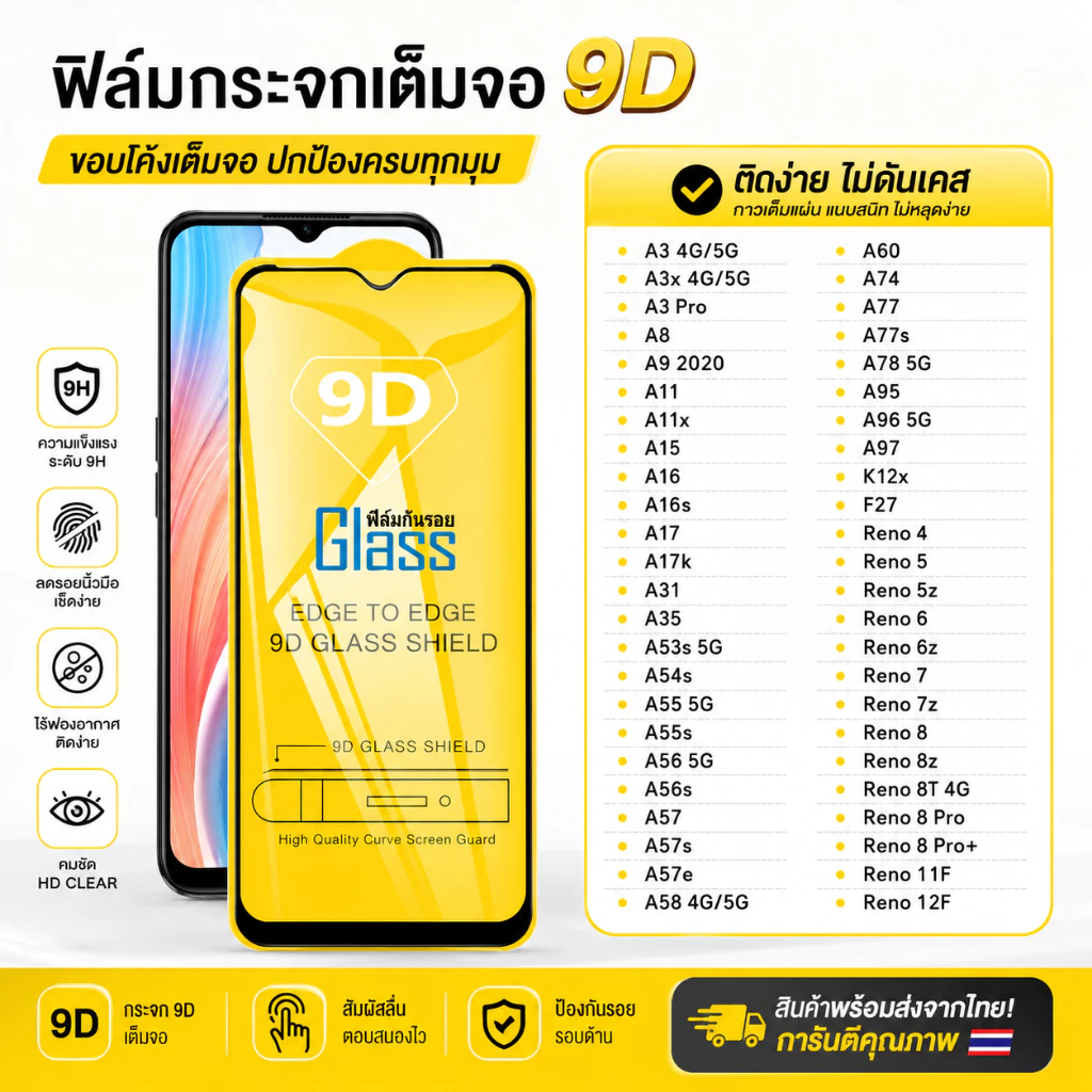 ฟิล์มกระจกนิรภัย For OPPO A6 A6x A5 Pro A58 A78 A16 A9 A31 A57 A77 A96 A3 7z A60 แบบเต็มจอ 9D กาวเต็มแผ่น