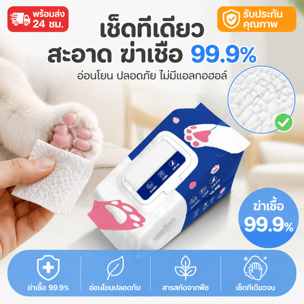 ทิชชู่เปียก 80 ชิ้น ผ้าเช็ดแมว ผ้าเช็ดสุนัข ผ้าเช็ดสัตว์เลี้ยง สำหรับเช็ดสัตว์เลี้ยง อ่อนโยน ไม่ระคายเคือง