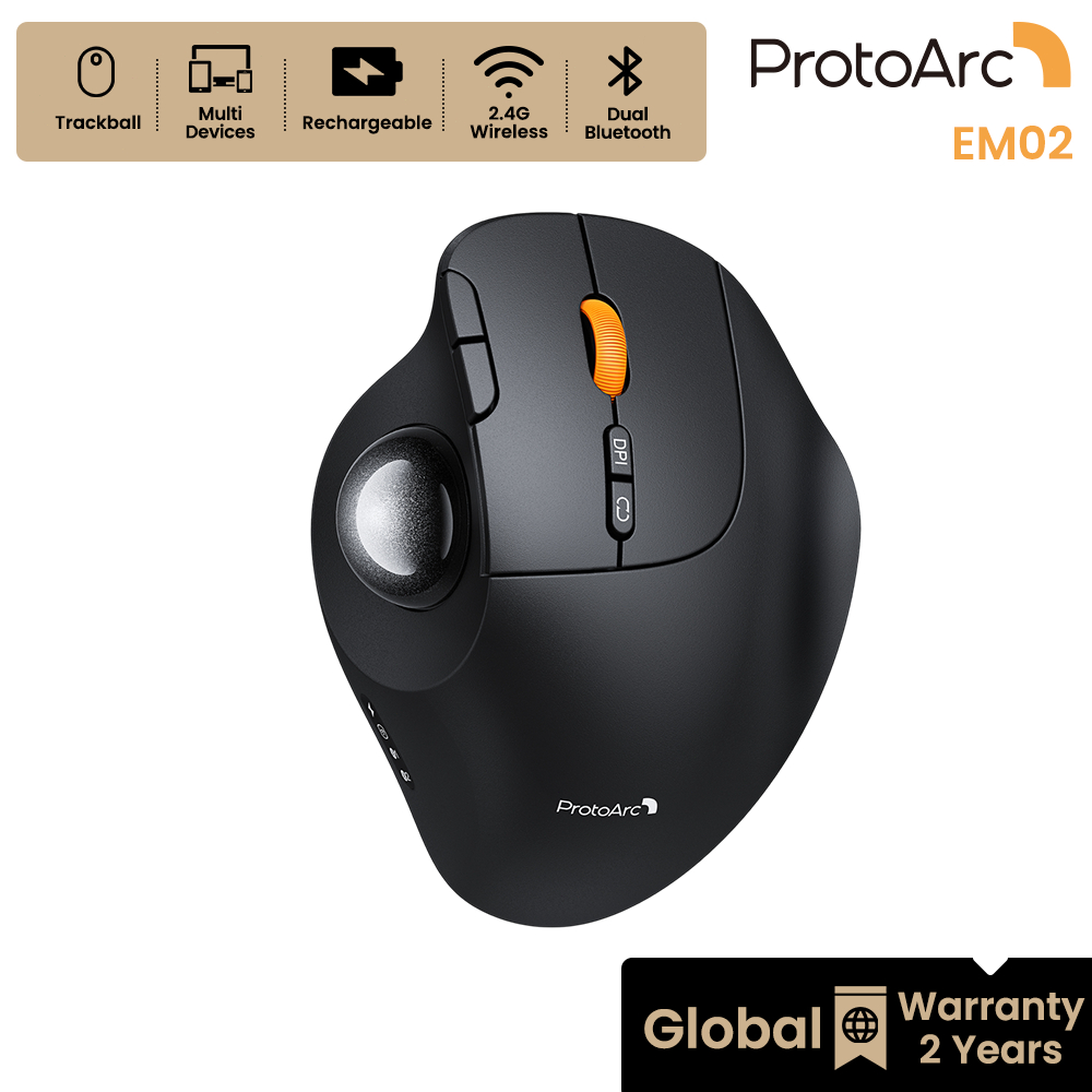 ProtoArc EM02 เมาส์แทร็กบอลไร้สาย Ergonomic Bluetooth 2 ช่อง + 2.4G ชาร์จได้ ลูกบอลสีเทา รับประกัน 2 ปี