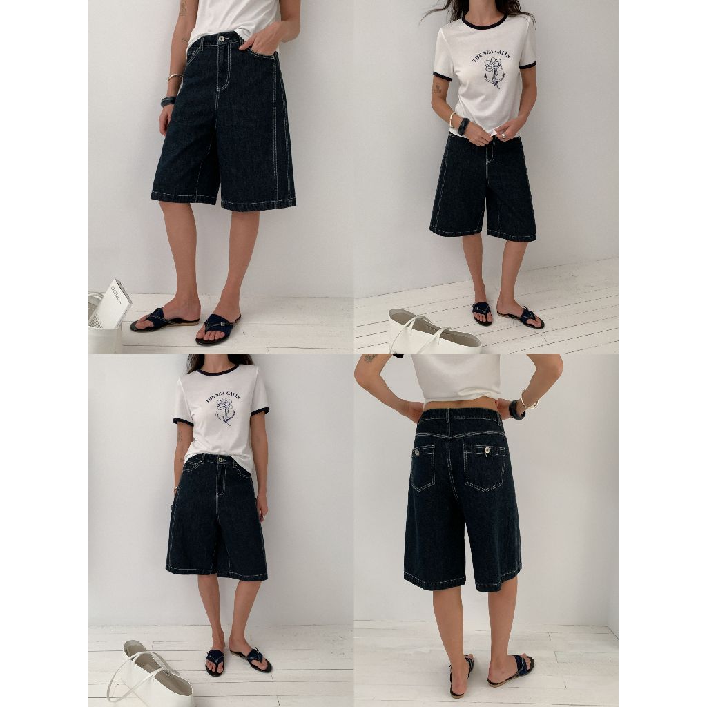INBYIN -  กางเกงยีนส์ขาสั้นเบอมิวดา MIDNIGHT DENIM CULOTTES - D8239