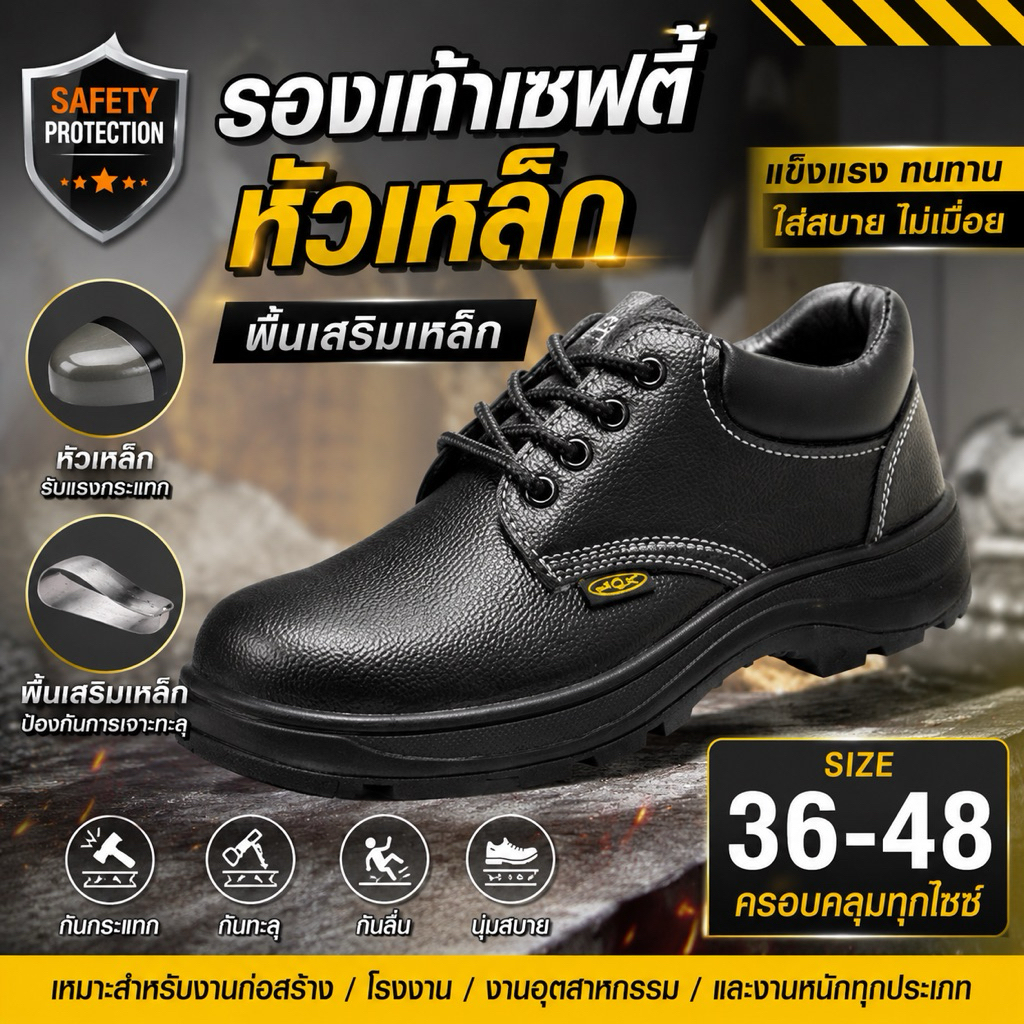 รองเท้าเซฟตี้ หัวเหล็กพื้นเหล็กสีดำ