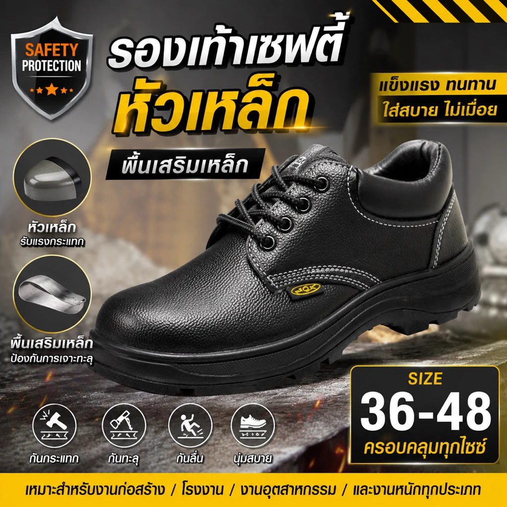 รองเท้าเซฟตี้ หัวเหล็กพื้นเหล็กสีดำ