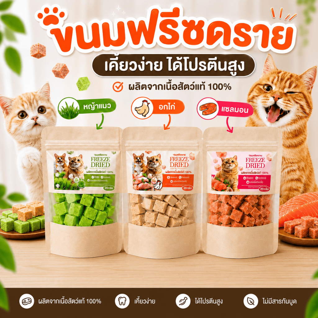 ขนมฟรีซดรายโปรตีนสูง สำหรับสัตว์เลี้ยง ขนาด 20กรัม น้องหมาและน้องแมวกินได้ (เลือกสูตรได้)