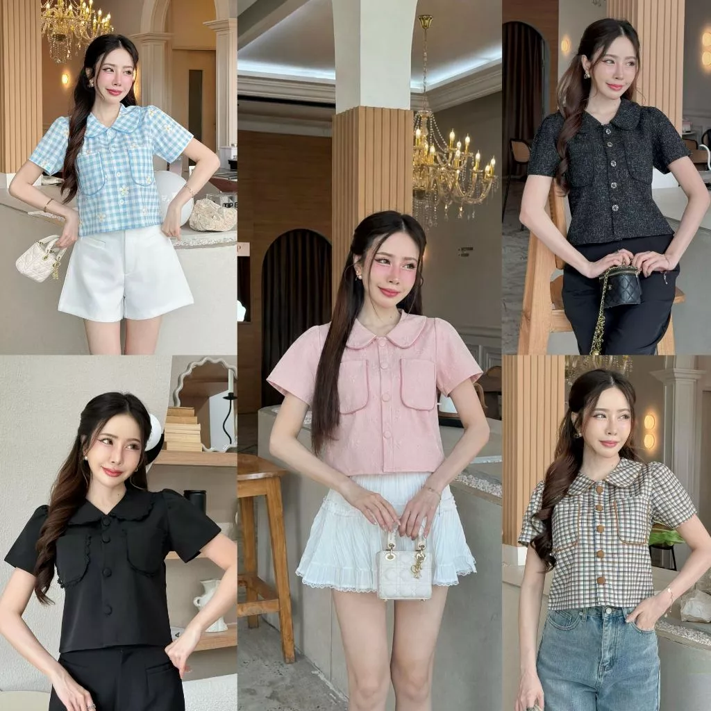 V1[S-XXL] เสื้อครอปคอบัวเล็กน่ารักแต่งกุ้นนูน