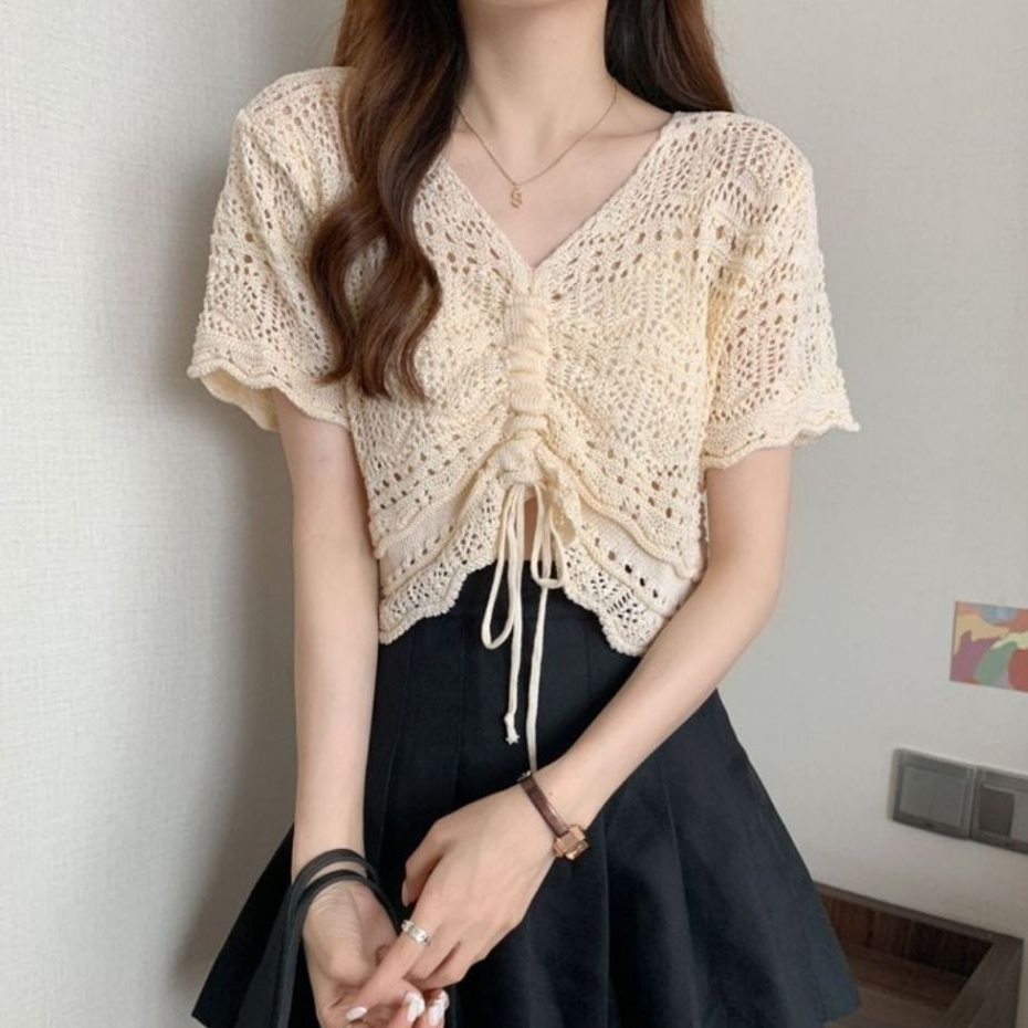 เสื้อครอปไหมพรมมีสายรูด ครอปไปทะเล เสื้อซัมเมอร์ สไตล์เกาหลี ทรงสวย น่ารักมาก