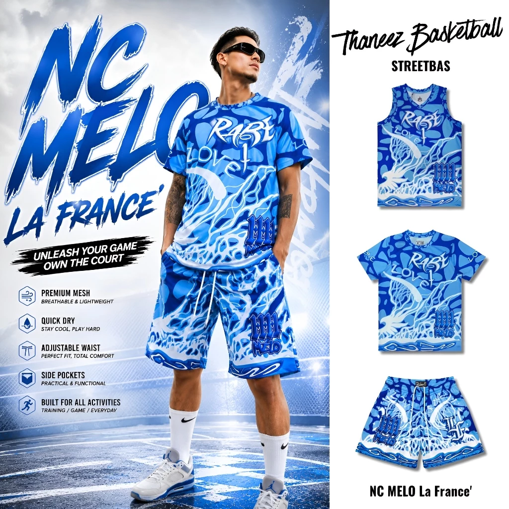 เสื้อบาสแขนสั้น เสื้อบาสแขนกุด กางเกงกีฬา กางเกงบาสขาสั้น NC MELO La France' Collection [ มีไซส์ใหญ่ ]