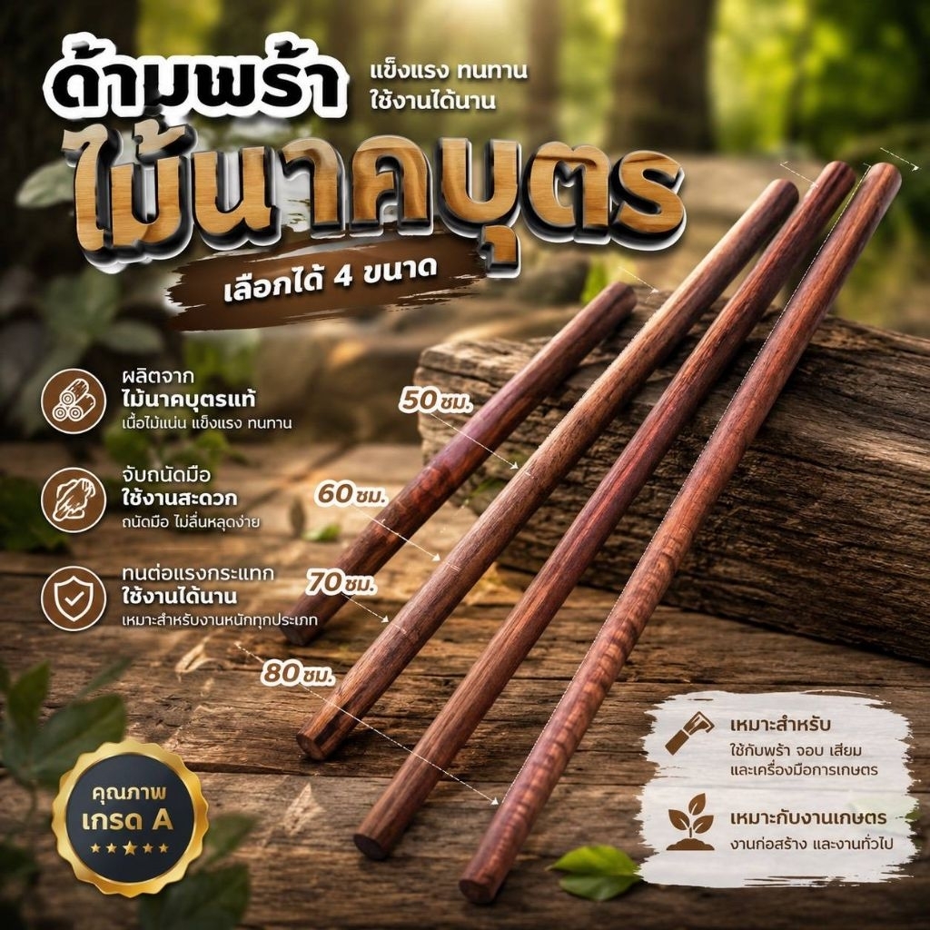 ด้ามมีดพร้า ด้ามพร้า ไม้นาคบุตร เนื้อแข็ง มีขนาด 50 - 80 ซม.