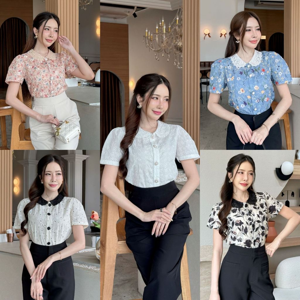 [S-4XL] เสื้อแขนสั้นคอบัวเล็กผ้าปักลายดอกไม้สวย.V1