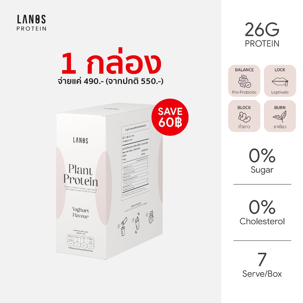 [ 1 กล่อง ] Lanos Plant Protein Yogert Flavour โปรตีนพืช 3 ชนิด รสโยเกิร์ต
