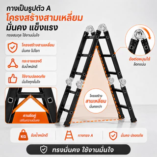 【รับประกันตลอดการใช้งาน】บันได บันไดพับได้ บันไดอลูมิเนียม หนา 6.5มม บันไดพับได้อลูมิเนียม ยาวทั้งหมด 3.8m/4.8m/5.8m รับน