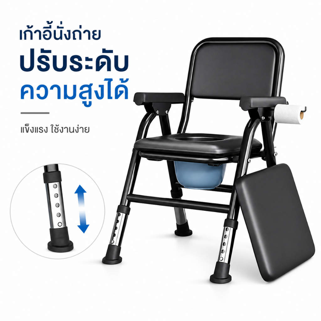 เก้าอี้นั่งถ่าย พร้อมถัง ส้วมเคลื่อนที่ พับได้ ปรับระดับได้ คร่อมชักโครกได้ Foldable Commode Chair