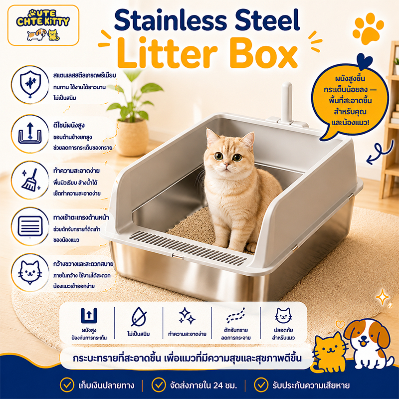 ห้องน้ำแมวตัวใหญ่ ห้องน้ําแมวใหญ่ สแตนเลส ขอบกันทรายสูง cat litter box ห้องน้ำแมวขนาดใหญ่ ห้องน้ำแมว ทำความสะอาดง่าย