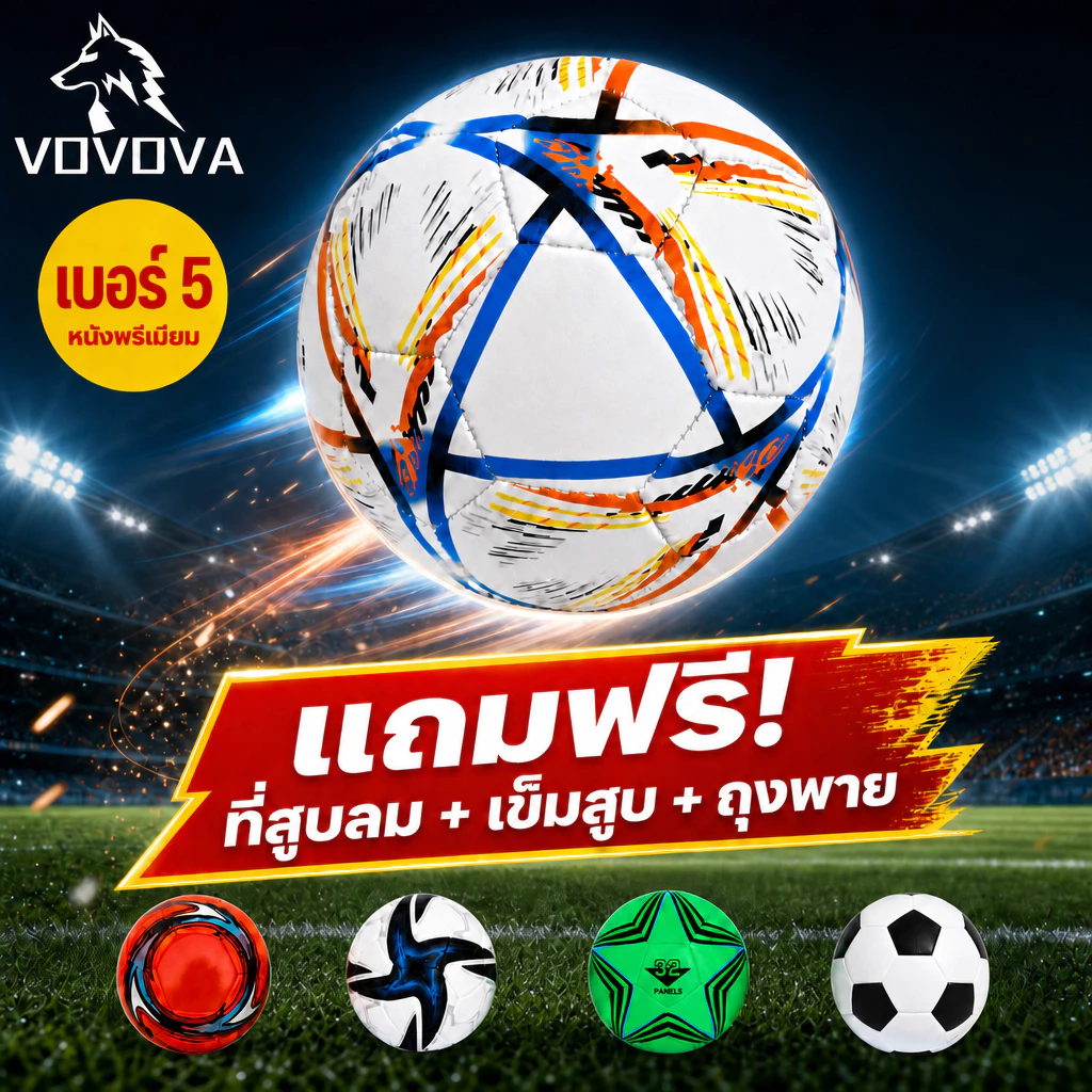 VOVOVA ฟุตบอลเบอร์ 5 หนัง PU หนานุ่ม เตะสนุก [แถมฟรี! ที่สูบลม+เข็ม+ตาข่าย] สำหรับสนามหญ้า/สนามปูน พร้อมส่ง