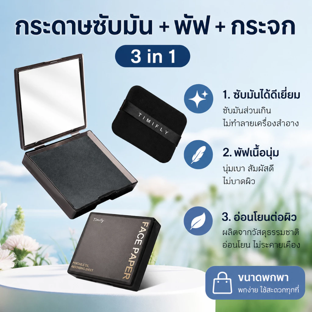 กระดาษซับมัน 3in1 พร้อมกระจกและพัฟ 100 แผ่น ซับมันบนใบหน้า ไม่ทำให้เมคอัพหลุด ใช้งานง่าย พกพาสะดวก มีหลายกลิ่นให้เลือก