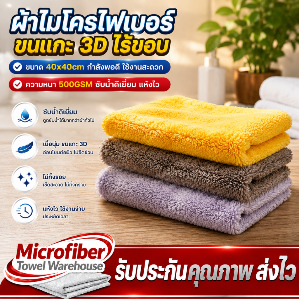 ผ้าไมโครไฟเบอร์ ขนแกะ 3D ไร้ขอบ 40x40cm หนานุ่ม 500GSM ซับน้ำดี ไม่ทิ้งรอย
