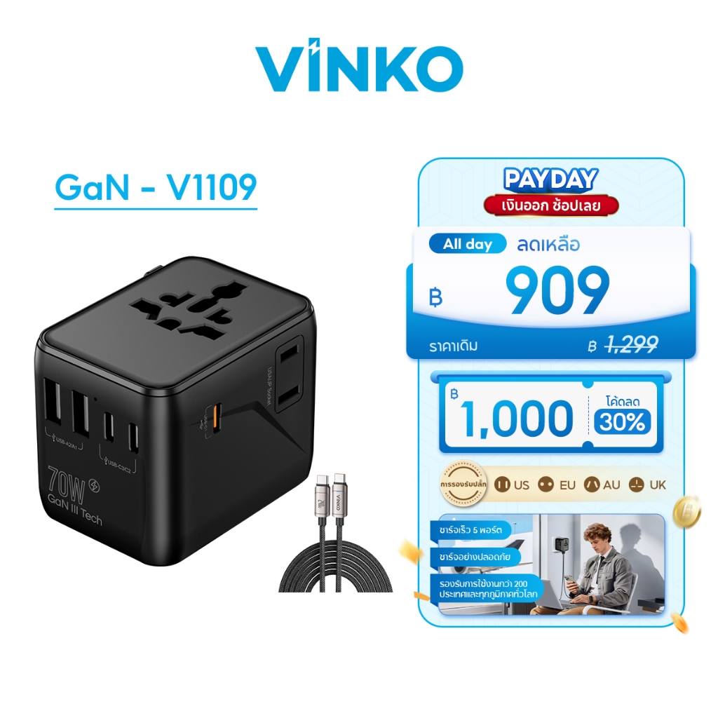 VINKO V1109/V1101 Mini GaN อะแดปเตอร์เดินทาง 70W Travel Adapter Universal หัวแปลงปลั๊กไฟ USB-C+USB-A Fast Charger