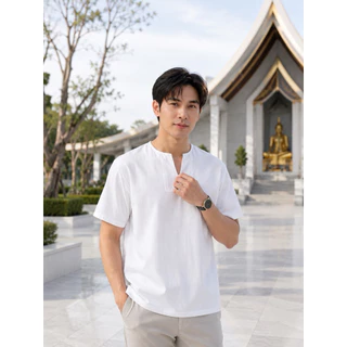 เสื้อผ้าฝ้าย ผ้าพื้นเมือง (หนังกบ) คอเจาะ แขนสั้น สีขาว