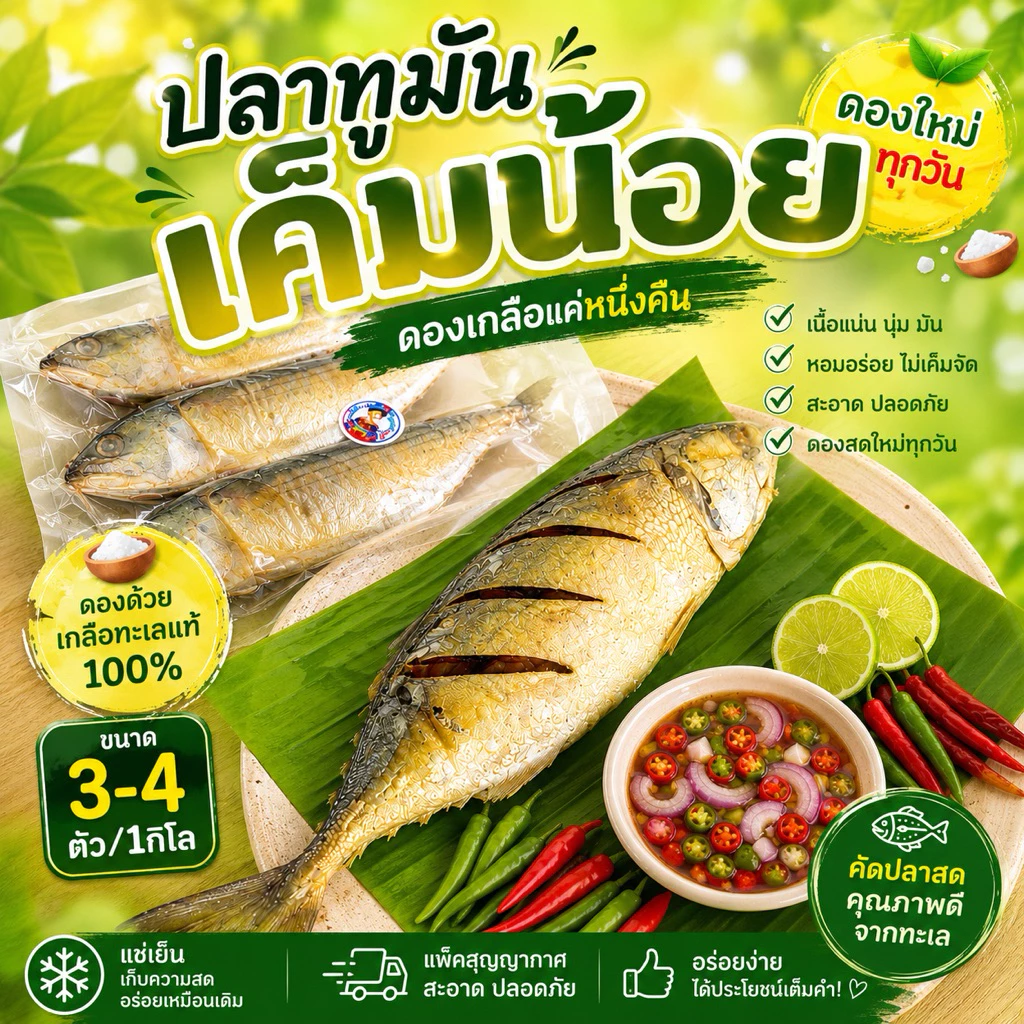 ปลาทูมันหอมเค็มน้อย 3-4ตัวโล มีไซร้ใหญ่ๆ เลือกไซร้ได้ เนื้อเเน่นทำสดใหม่ ไม่ตุไม่เละ ทำใหม่ทุกวัน เค็มน้อยดองเกลือ1คืน
