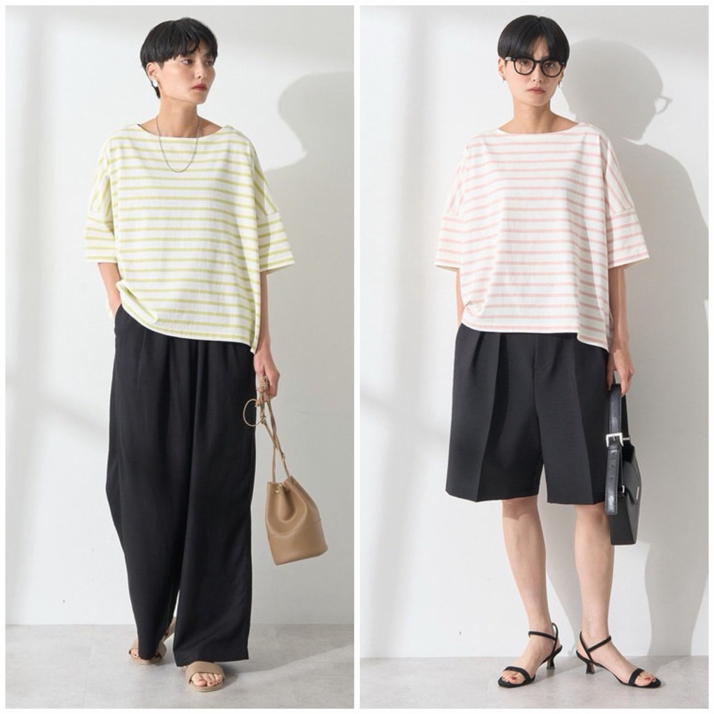 แบรนด์:AMERICAN HOLIC เสื้อสเวตเตอร์แขนสั้นลายทางสไตล์บาสก์ มือ1