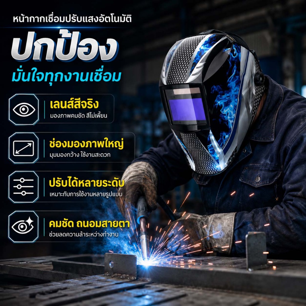 หน้ากากเชื่อม ปรับแสงอัตโนมัติ ออกแบบพับเก็บได้180องศา ปรับระดับความไวแสงได้แบบไร้ขั้นตอน รองรับงานเชื่อมหลากหลายประเภท