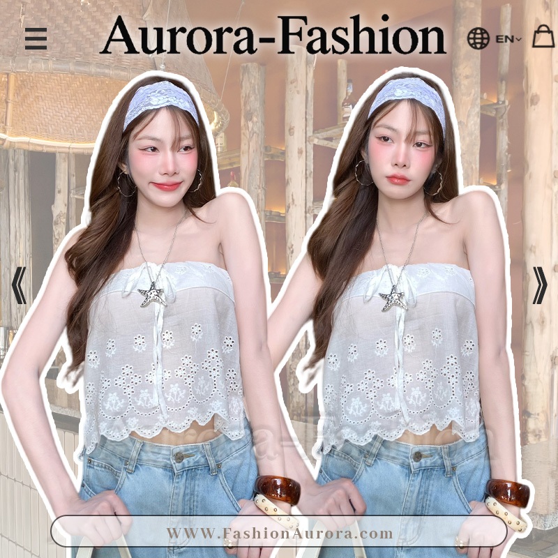 Aurora🛒พร้อมส่ง🚚(รูปถ่ายจากงานจริง) เสื้อสายเดี่ยวผ้าลูกไม้ มีโบว์ผูกหน้าอก ทรงครอปสั้นโปร่งบาง สไตล์หวาน