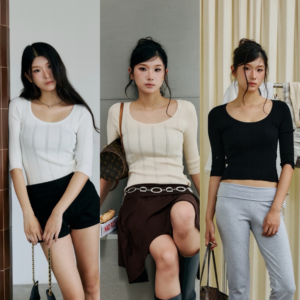 MALIMAYS - Soho Square Top เสื้อแขนสามส่วน ฉลุลายลูกไม้