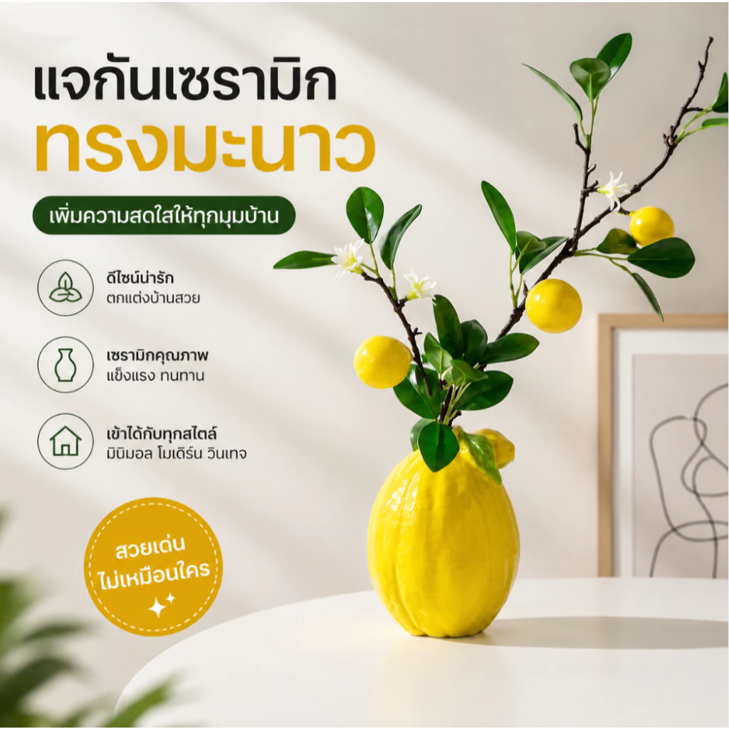 🍋 แจกันเลมอนเซรามิก พร้อมกิ่งเลมอนเทียม ของแต่งบ้านสไตล์มินิมอล ตกแต่งโต๊ะ ห้องนั่งเล่น คาเฟ่ ของขวัญสุดพิเศษ