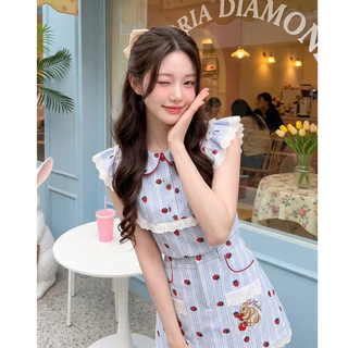 (มี3XL) Maria Diamond สีฟ้า Vivid Berry Set เซ็ต 2 ชิ้น ผ้าคอตตอนสก็อตปกคอบัวซิปหลัง + กระโปรงสั้นมีกระเป๋า ซับในกางเกง