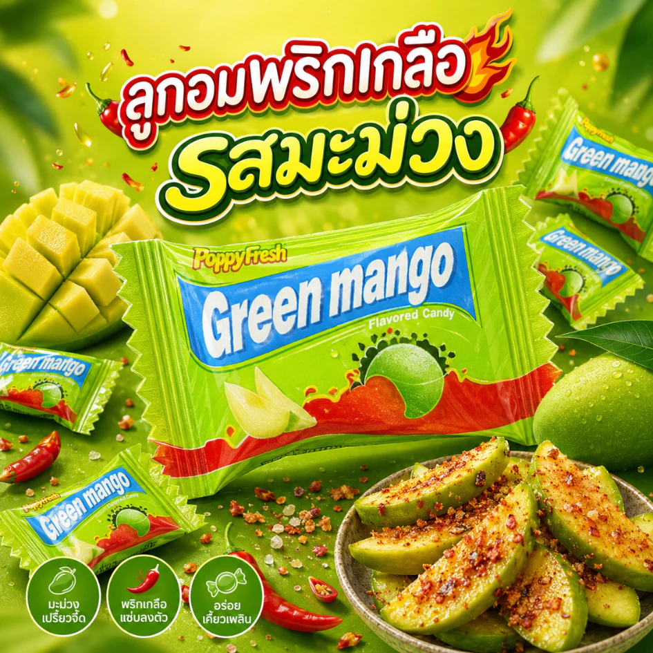 ลูกอมมะม่วงพริกเกลือ Green Mango Candy หอมหวาน อร่อยลงตัวสุดๆ แพ็กสุดคุ้ม50-100เม็ด กินแก้ง่วง เพลินๆ ลูกอมแ