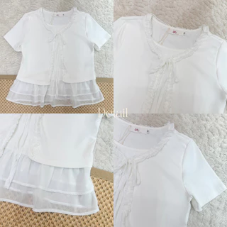 POI เสื้อยืดแต่งชายระบายชีฟองผูกโบว์ น่ารัก ผ้าเนื้อนิ่ม T013G7