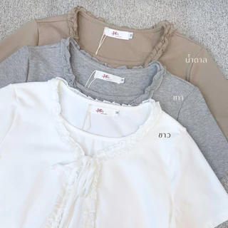 POI เสื้อยืดแต่งชายระบายชีฟองผูกโบว์ น่ารัก ผ้าเนื้อนิ่ม T013G7