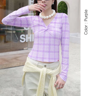 AMUSE BKK - Remy Top เสื้อซีทรูลายสก็อตทรงเข้ารูป ดีไซน์ม้วนอกวีหน้า ด้านหลังร้อยเชือกผูก สไตล์ชิคๆ