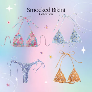 Ocean Mood | Sexy Bikini ชุดว่ายน้ำทูพีช ผ้าสม็อค ทรงเว้าสูง ดีเทลผูกสาย ลายดอกไม้หลากสี ชุดเดินชายหาด
