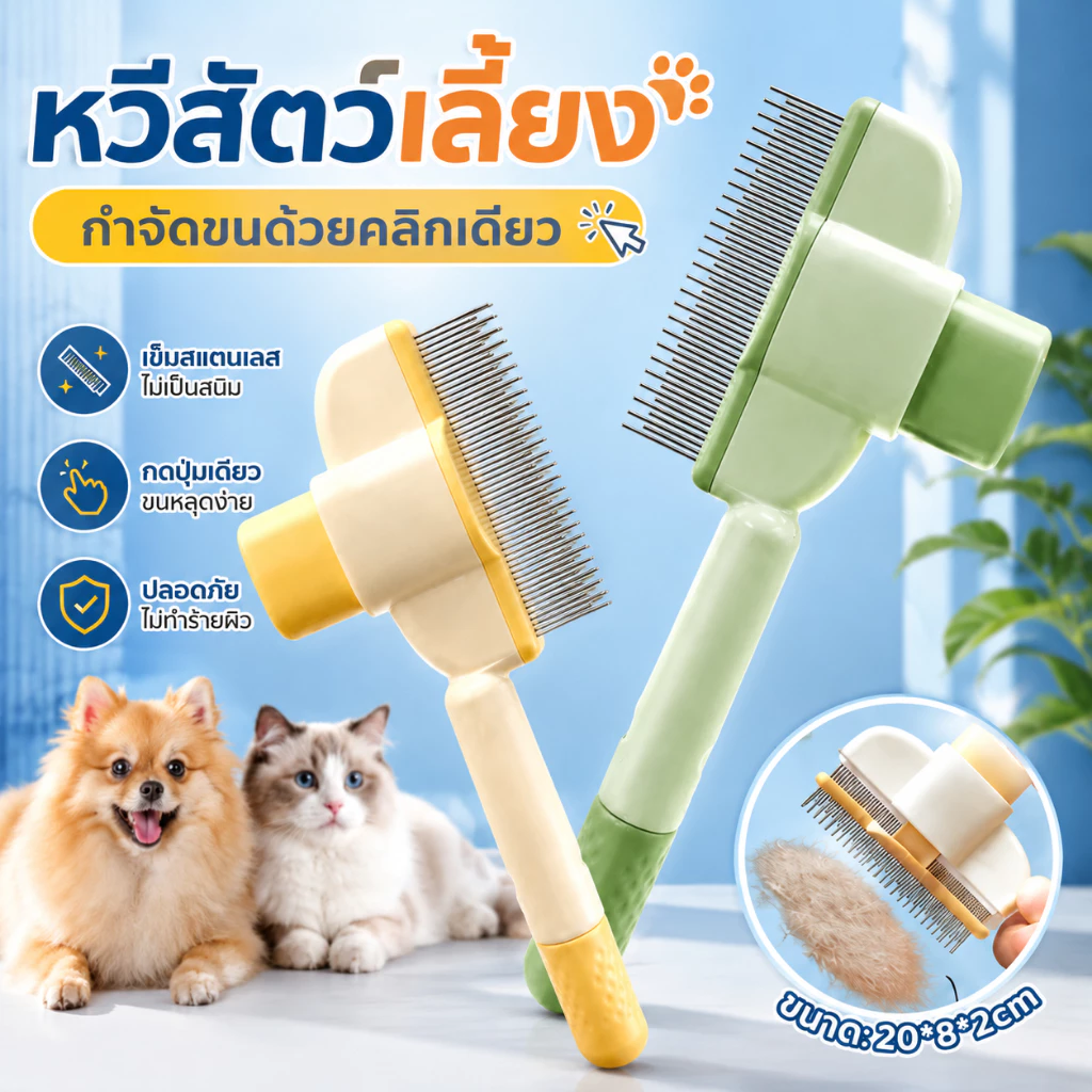 หวีขนสัตว์เลี้ยง หวีขนแมว หวีขนหมา มีปุ่มกดดันขนออก จับถนัดมือ อุปกรณ์ดูแลขนสัตว์