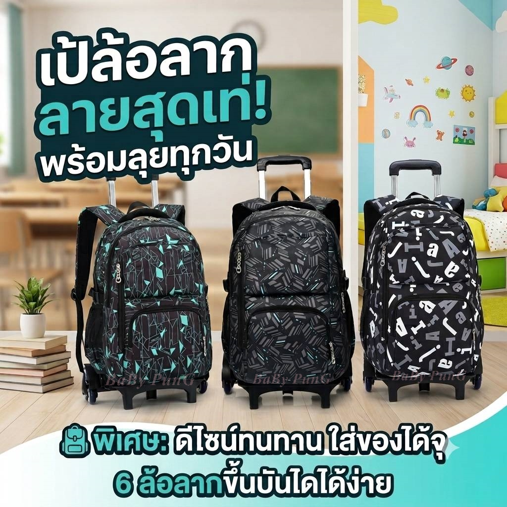 ลากขึ้นบันไดได้ กระเป๋านักเรียน ล้อลาก 6 ล้อ (V.8)