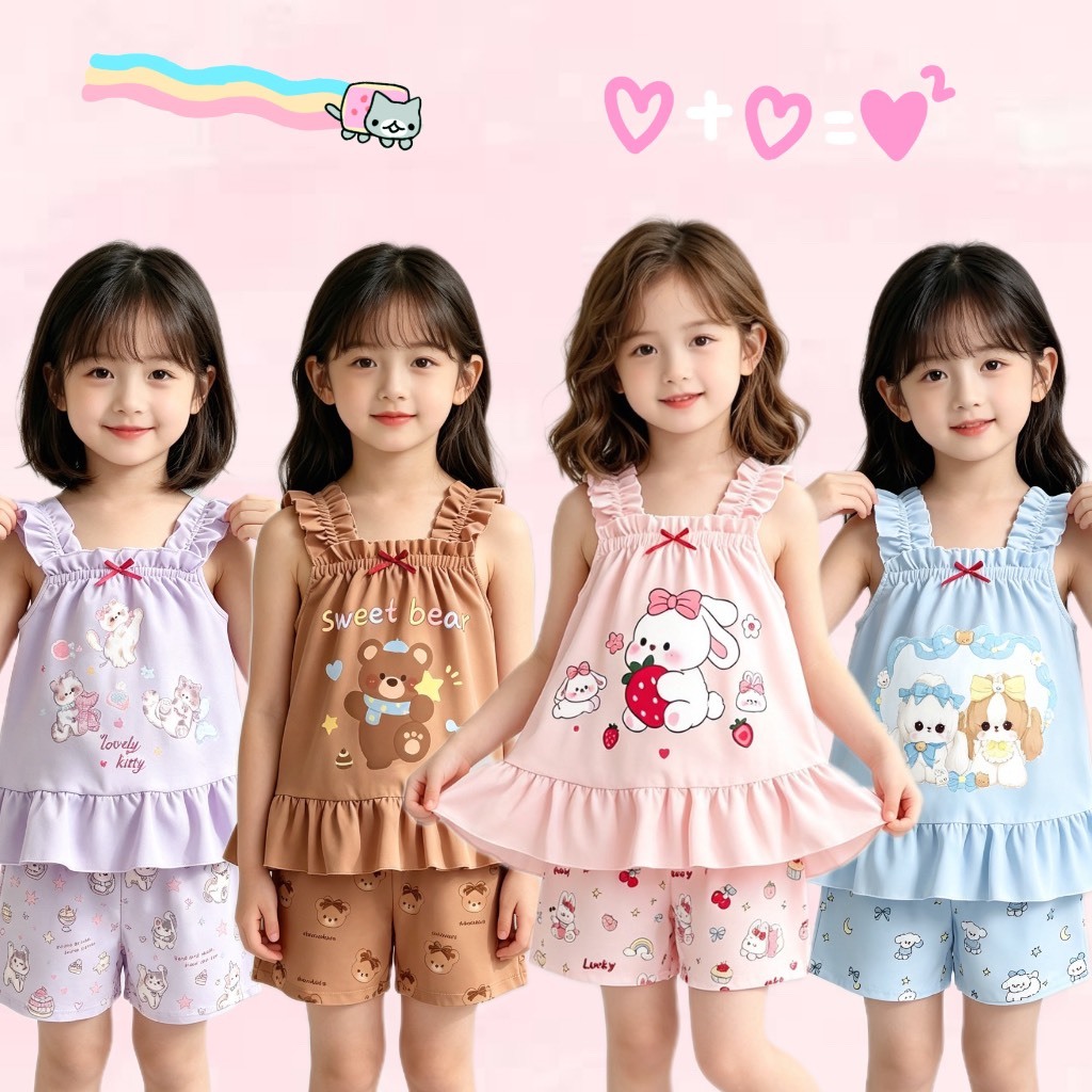 BB237 ชุดนอนเด็กผู้หญิง 2 ชิ้น เสื้อแขนกุดระบาย กางเกงขาสั้น ลายการ์ตูนน่ารัก สีพาสเทล