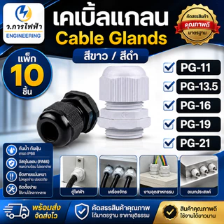 เคเบิ้ลแกลน Cable Gland PG11 PG13.5 PG16 PG19 PG21 สีขาว/ดำ กันน้ำ IP68 ล็อคสายไฟ แพ็ค 10 ชิ้น