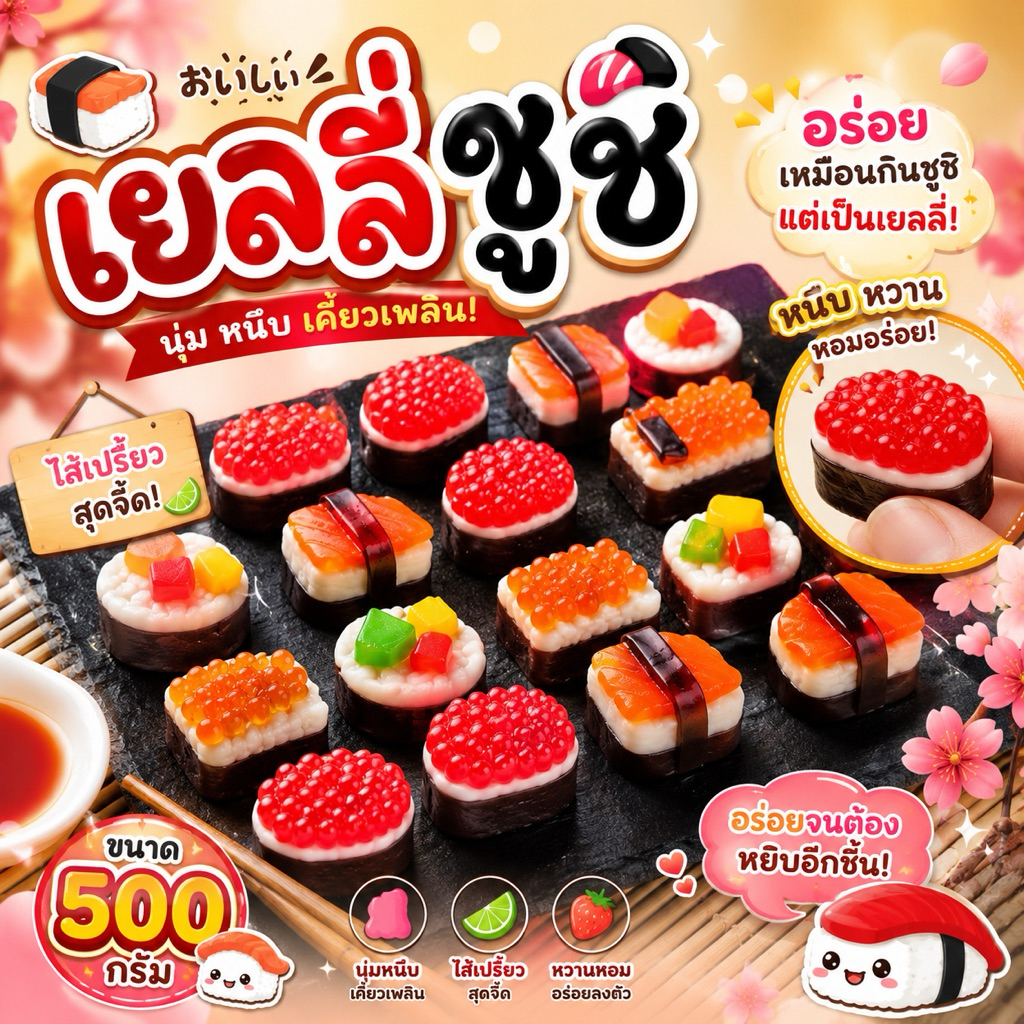 เยลลี่ซูชิมินิ🍣 ซูชิจิ๋ว 500 กรัมนุ่มหนึบหนับ น่ารักน่าทาน🍙🍱