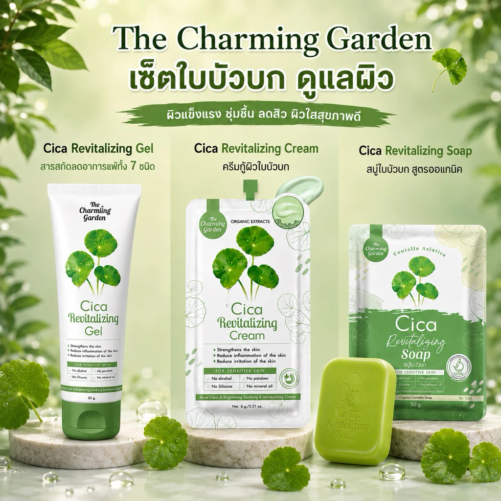[สบู่ใบบัวบกกู้ผิว!] เดอะ ชาร์มมิ่ง การ์เด้น ใบบัวบกกู้ผิว เจล สบู่ ครีม Cica Revitalizing Gel 50g & Soap 50g & Cream
