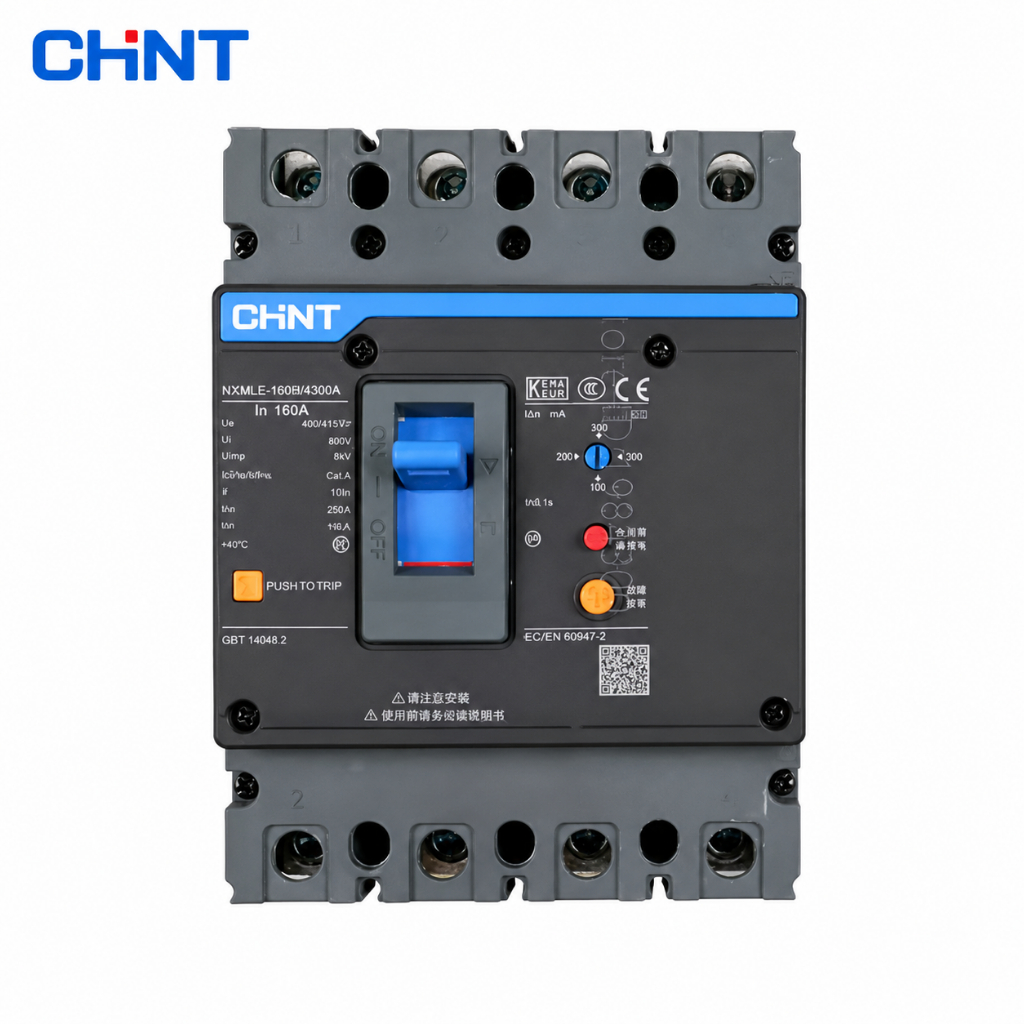 CHINT 4P NXMLE 63A 80A 100A 125A เบรกเกอร์ สามเฟส แบบเคสหล่อพร้อมสวิตช์หลักป้องกันการรั่วไหล