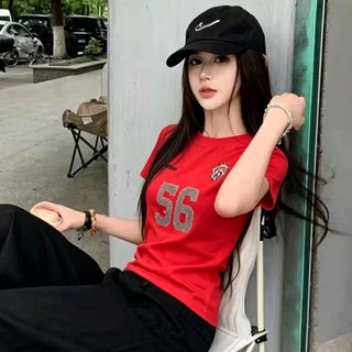 COD พร้อมส่ง เสื้อยืดฤดูร้อนผู้หญิง สีดำรุ่นเบสิค แขนตรงเข้ารูป สไตล์สาวแซ่บอเมริกัน ใส่ได้ทุกลุค