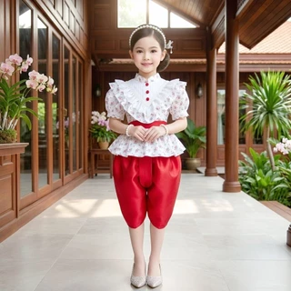ชุดไทยเด็ก รุ่นโจงกระเบน+เสื้อแขนตุ๊กตาลายดอกไม้ ***ไม่รวมเครื่องประดับ***
