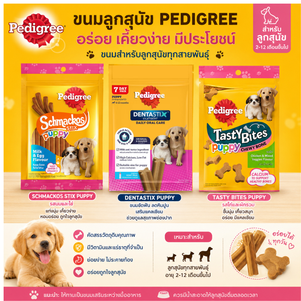 Puppy Pedigree ขนมสุนัขลูกสุนัข 3 สูตร Schmackos Stix / Dentastix / Tasty Bites สำหรับลูกสุนัข อายุ 2-12 เดือน
