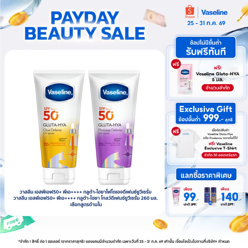 วาสลีน เอสพีเอฟ50+ พีเอ++++ กลูต้า-ไฮยา โฟโตเอจ ดีเฟนซ์ยูวีเซรั่ม/กลูต้า-ไฮยา โกลว์ดีเฟนซ์ยูวีเซรั่ม 150-260 มล