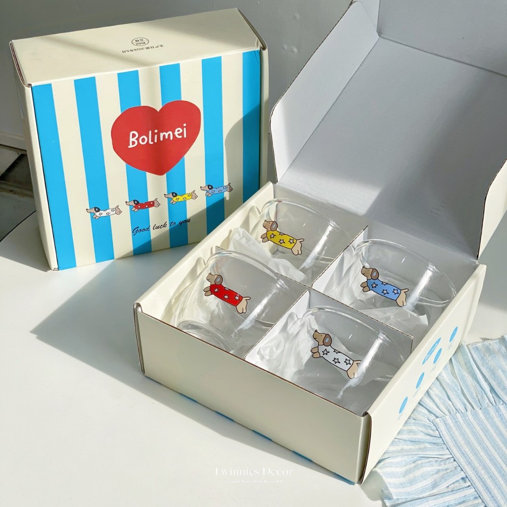 พร้อมส่ง Box แก้วใสดัชชุน เซ็ตแก้วลายน้องหมาไส้กรอกสุดน่ารัก 4 ใบ