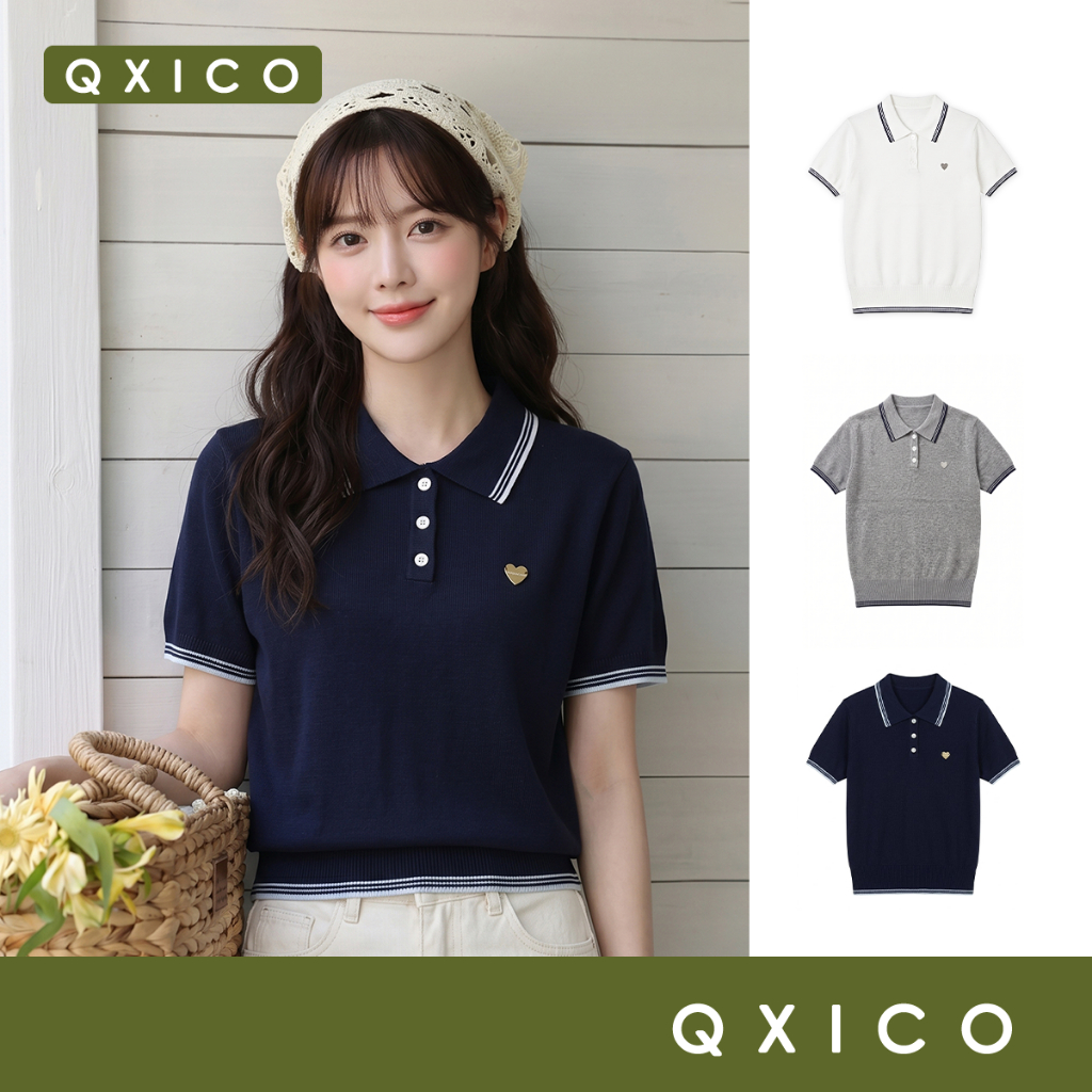 QXICO.TH รุ่น CS291 เสื้อโปโลไหมพรมแขนสั้น เสื้อคอปกไหมพรมแต่งแถบ มินิมอล สไตล์เกาหลี ผ้านุ่มใส่สบาย