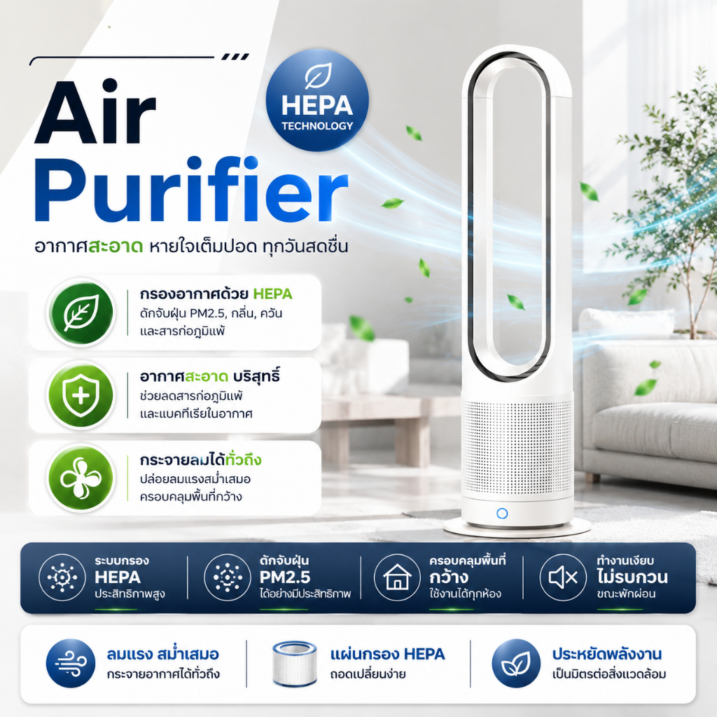 Air Purifier เครื่องฟอกอากาศ HEPA Filter กรองฝุ่น PM2.5 อากาศสะอาด ลดภูมิแพ้ กำจัดกลิ่น ควัน เสียงเงียบ ประหยัดพลังงาน
